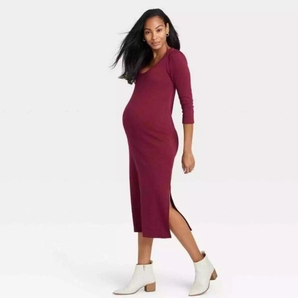 Hatch The Nines Dress Womens Large Maternity Burgundy Ribbed Knit 3/4 Sleeves